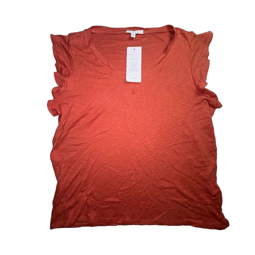 Threads 4 Thought Women's Orange Solid Knit V-Neck Ruffle Cap Sleeve Top XL